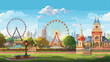 Entertainment park in big city cartoon flat landsca