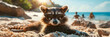 A sillylooking raccoon dog wearing a summer hat and sunglasses. 