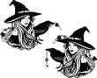 beautiful witch girl with long hair wearing traditional hat and her pet raven bird holding rose flower and key - halloween sorceress costume black and white vector portrait