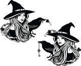 Fototapeta  - beautiful witch girl with long hair wearing traditional hat and her pet raven bird holding rose flower and key - halloween sorceress costume black and white vector portrait