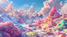  A Surreal Desert Landscape Where Towering Mountains Of Jelly In Vivid Hues Stand Against A Cotton Candy Sky, With Candy-colored Clouds Drifting Lazily Overhead.