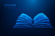3d open book, education and knowledge on blue background. online learning digital low poly wireframe. vector illustration fantastic design.