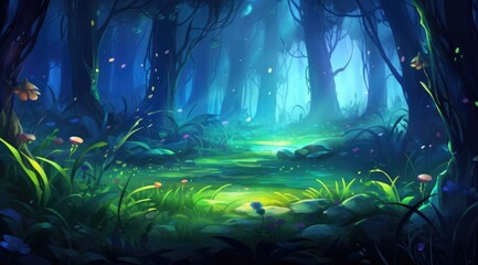 Wall Mural - Enchanted forest glade aglow with twilight fireflies and emerald hues
