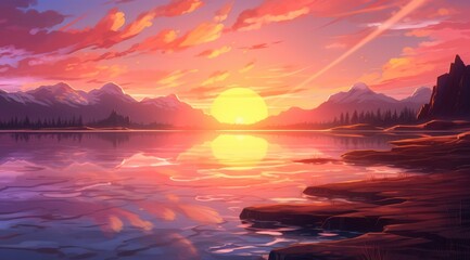 Wall Mural - Serene lake at sunset with vibrant crimson skies and mountain backdrop
