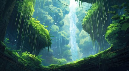 Wall Mural - Tranquil fern canopy falls with sunlight filtering through