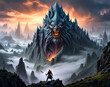 An animated mountain monster. Fantasy landscape with a monster in the mountains. 