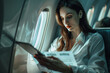 businesswoman focused on her tasks, reading documents and working on a digital tablet while traveling by plane, illustrating her dedication to success, against the backdrop of the