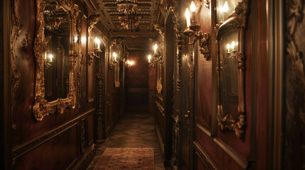 A dimly lit hallway with antique mirrors and intricate woodwork, leading to hidden chambers beyond.