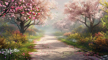 Serene Garden Path With Cherry Blossoms, Serene Garden Path Lined With Blooming Cherry Blossoms And Early Summer Flowers, Inviting A Peaceful Walk
