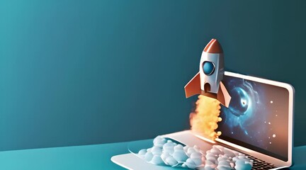 digital illustration of a rocket coming out of a laptop screen