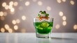 Colorful frog on a cocktail glass against a bokeh background