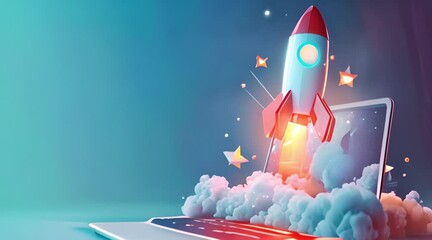 digital illustration of a rocket coming out of a laptop screen