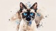 watercolor illustration portrait of Siamese cat with striking blue eyes and elegant form