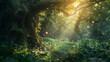 Magical fantasy world in green mysterious forest.