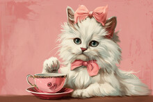 Cute Vintage Cat Illustration With A Pink Bow And Teacup
