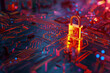 A sunlit saffron padlock, bright as a summer day, securing pathways on a circuit board lit by neon red and cobalt streaks