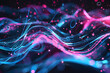 Energetic neon pink and blue waves with glowing circles. Dynamic neon art on black background.