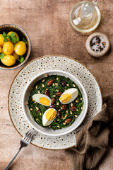 Poster - Spring Easter Dinner with Sauteed Agretti with Taggiasca olives, pinoli or pine nut, and boiled eggs. Italian Salad. Boiled spring potato. Top table view, vertical image.