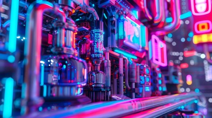 Poster - Macro view of a neon colored cyberpunk street market  AI generated illustration