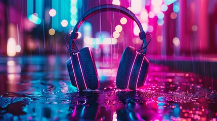 Poster - Macro view of cyberpunk neon colored headphones on a table  AI generated illustration