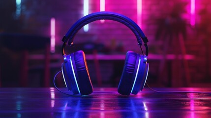 Poster - Macro view of cyberpunk neon colored headphones on a table  AI generated illustration