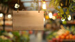 Close-up of a blank wooden sign with fruit market in the background. Mockup sign for advertising.