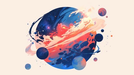 Wall Mural - an artful depiction of a nebula icon is illustrated in a cartoon style set against a crisp white cir