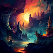 Illustration. Bright fantastic landscape. Mountains, canyon, caves. Fantastic castle in the mountains. 