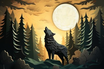 Wall Mural - wolf in forest landscape at full moon paper art illustration