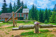 The wooden seesaw on playground in Mountain Valley Peppers, Carpathians, Ukraine