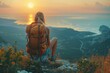 A tranquil image of a female hiker sitting peacefully while gazing at a beautiful mountain sunset