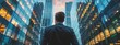 © anupdebnath - A businessman gazing out from the back, his figure framed by the towering glass structures of a corporate skyline