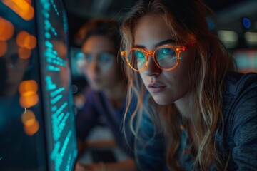 Wall Mural - In a dimly lit tech environment, a focused tech professional is seen engaging with code on a computer screen, suggesting intense concentration and expertise