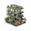 Realistic 3d image of a Multi-story plant covered building, surrounded by lots of plants, trees and bushes with solar panels on the roof. High-angle view. Concept of modern eco house. White background