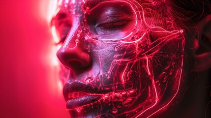 A cyborg woman face with a neon circuit pattern on her face against red blurred background
