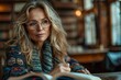 © Larisa AI - A sophisticated woman with wavy blonde hair and glasses deeply absorbed in reading a book in a library