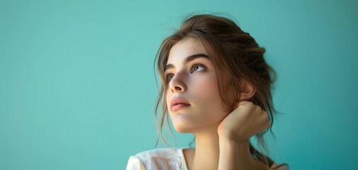 Wall Mural - A young woman with a contemplative expression, surrounded by a serene solid color background