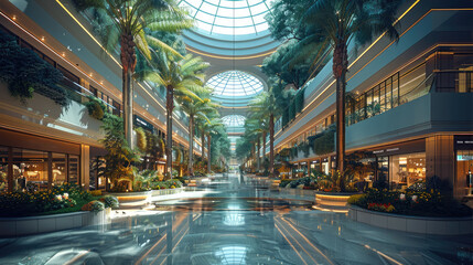 Aufkleber - Big inner space, shopping mall, modern style architecture, glass atrium, botanical garden. Generative AI.