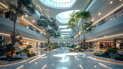 Aufkleber - Big inner space, shopping mall, modern style architecture, glass atrium, botanical garden. Generative AI.