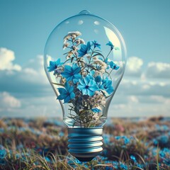 Aufkleber - A bulb with blue flowers blooming inside it, sky summer background. Generative AI.