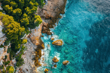 Wall Mural - Aerial view of sea waves and fantastic Rocky coast. Summer seascape from drone.