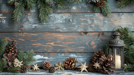 Sticker - Close-up of lantern and pinecones on wooden table