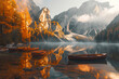 © Hunman - Magical autumn landscape with boats on the lake in natural park in the Dolomites.