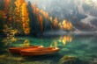 © Hunman - Magical autumn landscape with boats on the lake in natural park in the Dolomites.