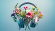 headphones decorated with fresh spring flowers, inspiring and creative. Concept: music and spring mood, creative advertising of audio equipment, symbol of the fusion of technology and nature