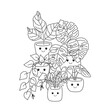 Coloring book with kawaii flowers for children, plants in pots. Contour, silhouette of indoor, domestic plants with eyes. Funny cute vector illustration with editable stroke.