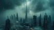 A storm and rain sweep through the city of Dubai. Generative AI.