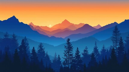 Wall Mural - llustration of dark blue orange silhouette of valley view of forest fir trees and mountains peak --ar 16:9 Job ID: 0e8c88e6-350d-4438-a641-c5d46c1381a2