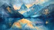 Modern abstract art acrylic oil painting of mountains landscape, mountain peak, with gold details and reflection of water from a lake --ar 16:9 Job ID: 7f7ca8d8-0231-4418-baa1-8fcbbd1e9c11