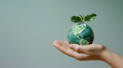 The hand holds the planet. The earth is in the palm of your hand. The concept of environmental protection, taking care of the planet earth. The force of nature. Eco-friendly background